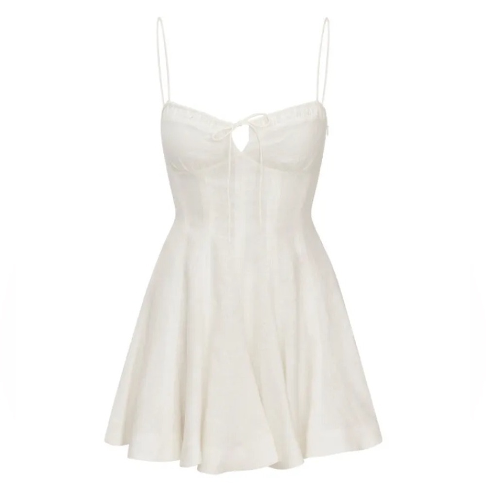 Love Shack Fancy Shai Linen Lace Ribbon Bow Mini Dress Antique White